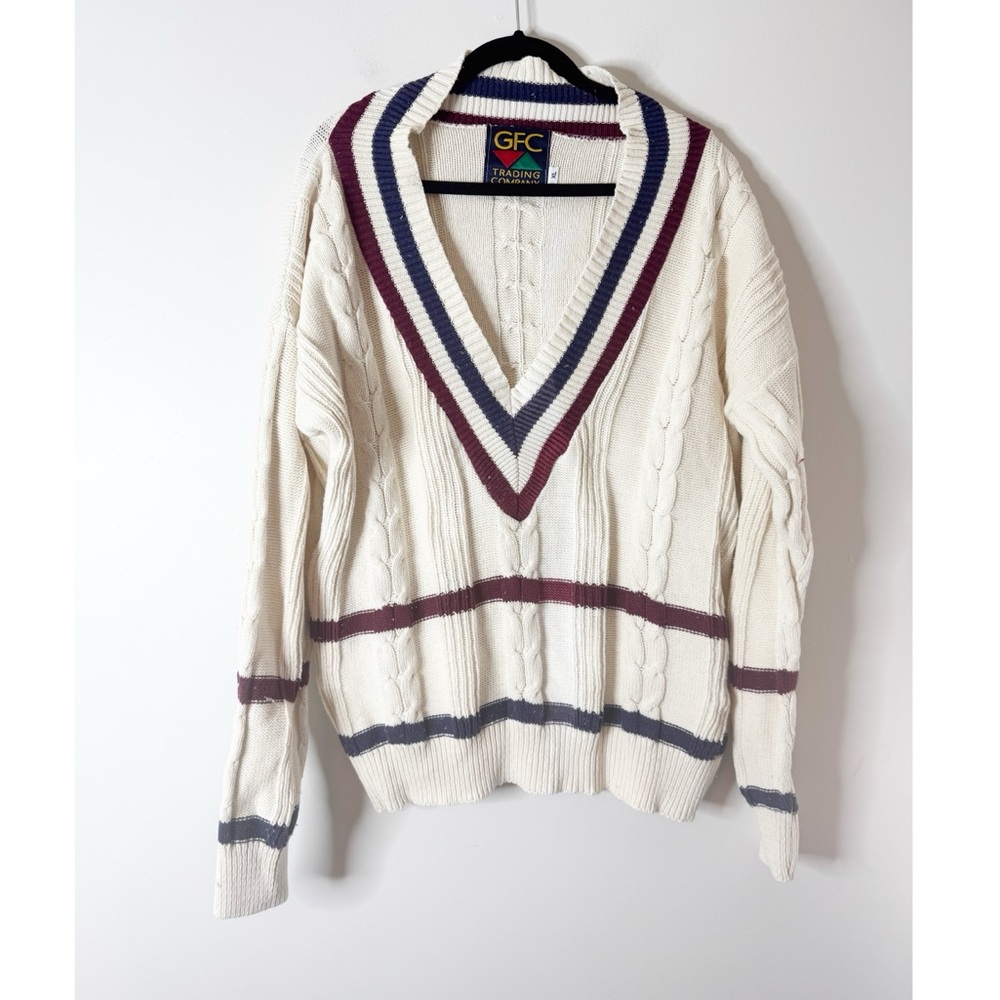 Vintage Cream Cable Knit V-Neck Sweater with Burgundy & Navy Stripes